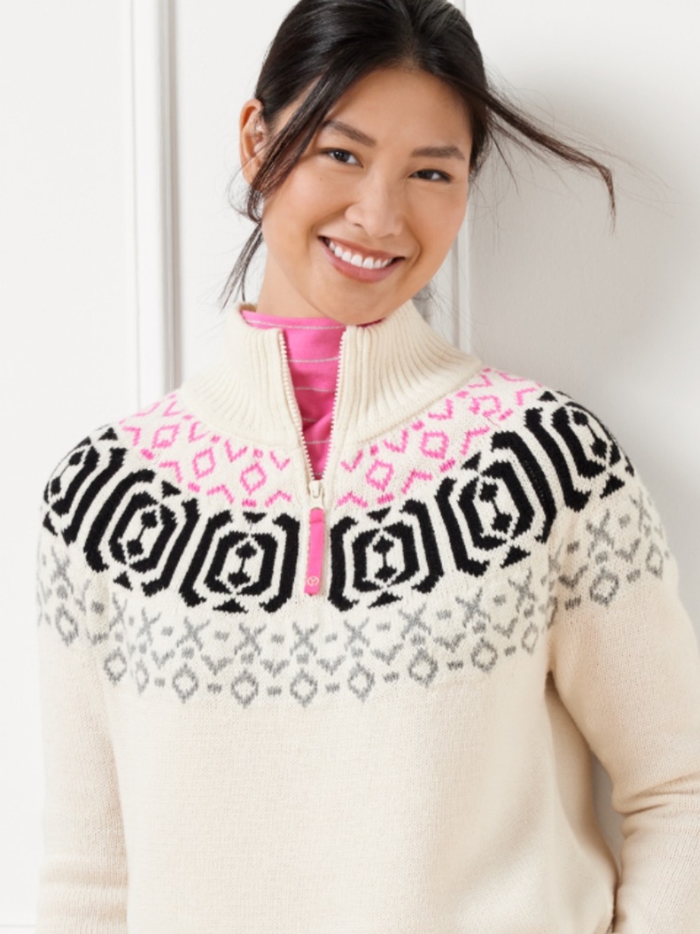 Talbots White Half Zip Fair Isle Sweater Pink & Black S EUC Preppy Cottagecore
